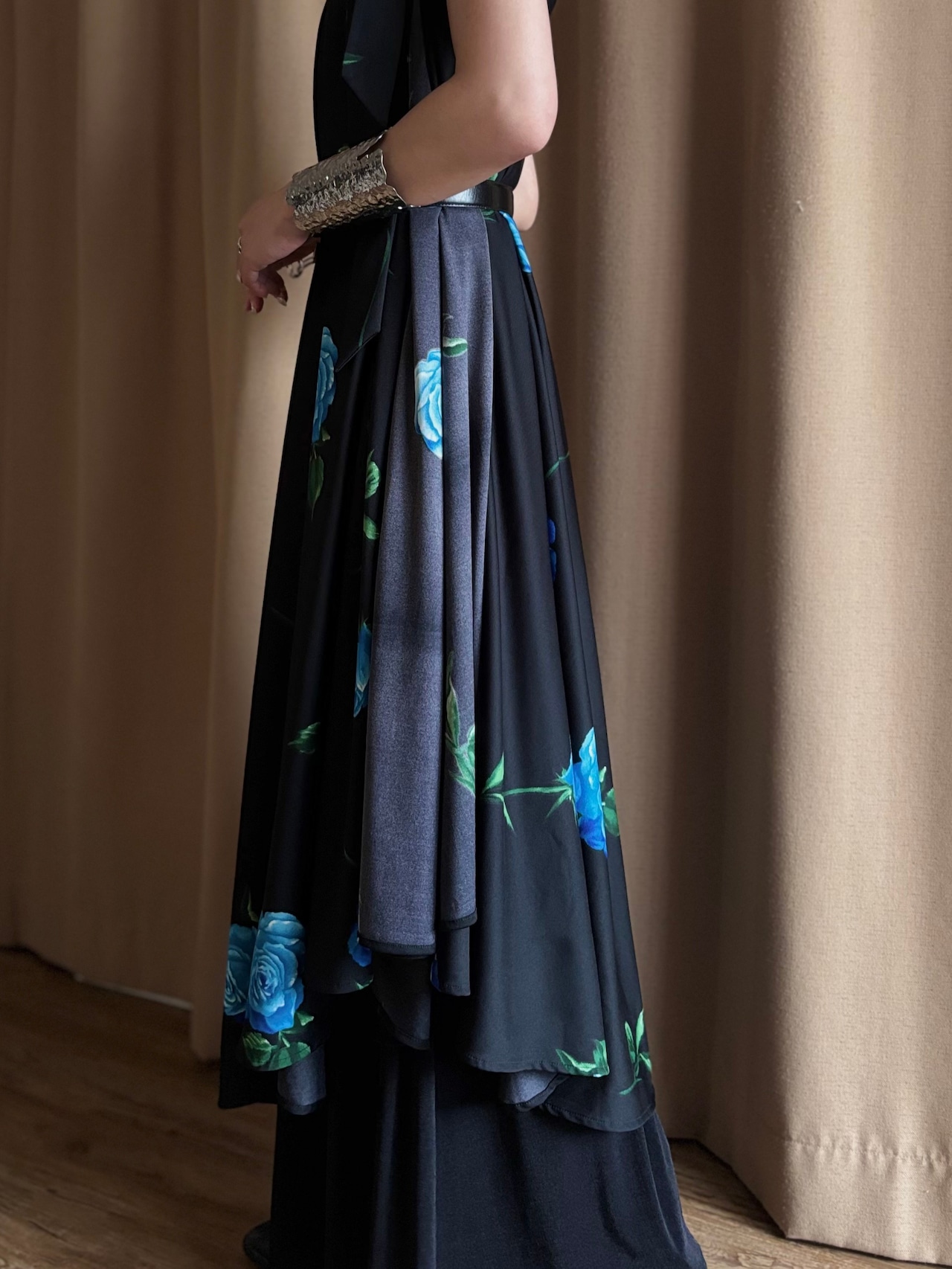 blue rose pattern maxi skirt-4810-7