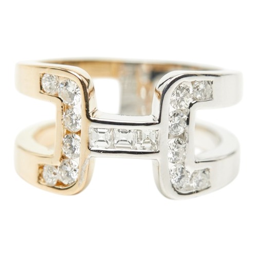 K18WG ホワイトゴールド K18YG イエローゴールド ダイヤ0.15ct ダイヤ0.52ct アルファベット Hモチーフ リング 指輪 レディース 11.5号 【中古】