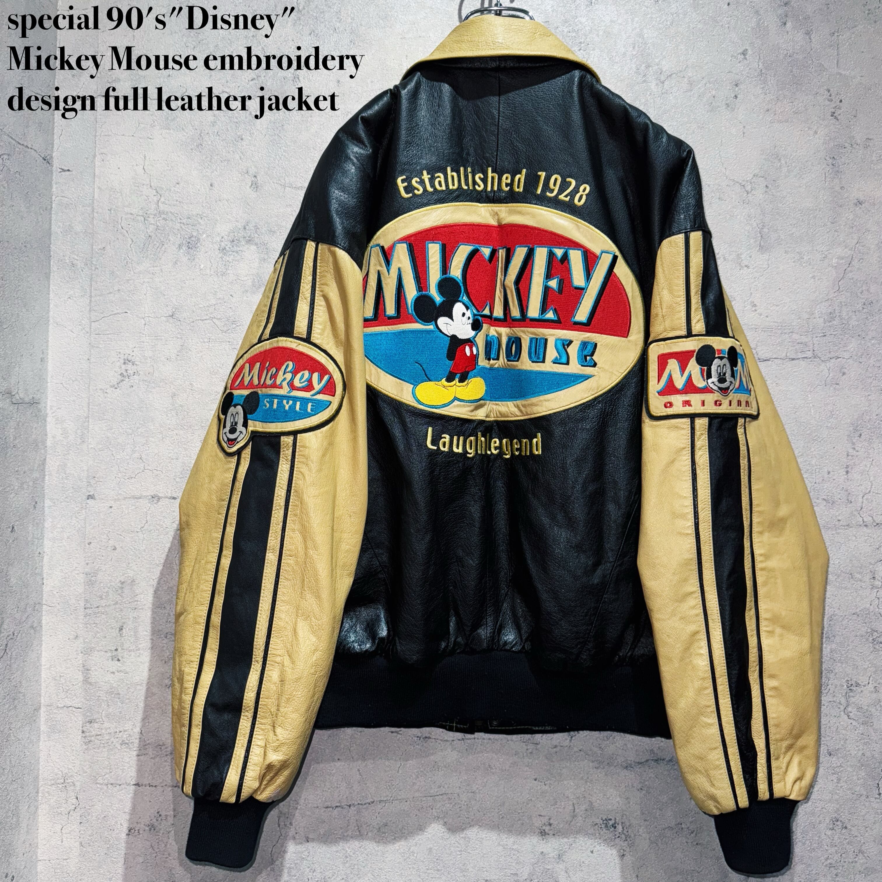 special 90's"Disney"Mickey Mouse embroidery design full leather jacket