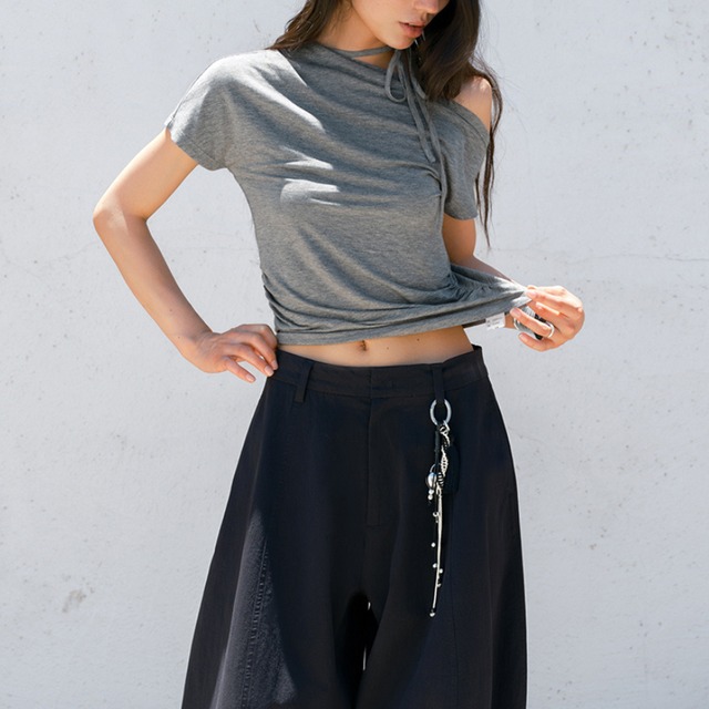 drape one-shoulder ribbon top L0611