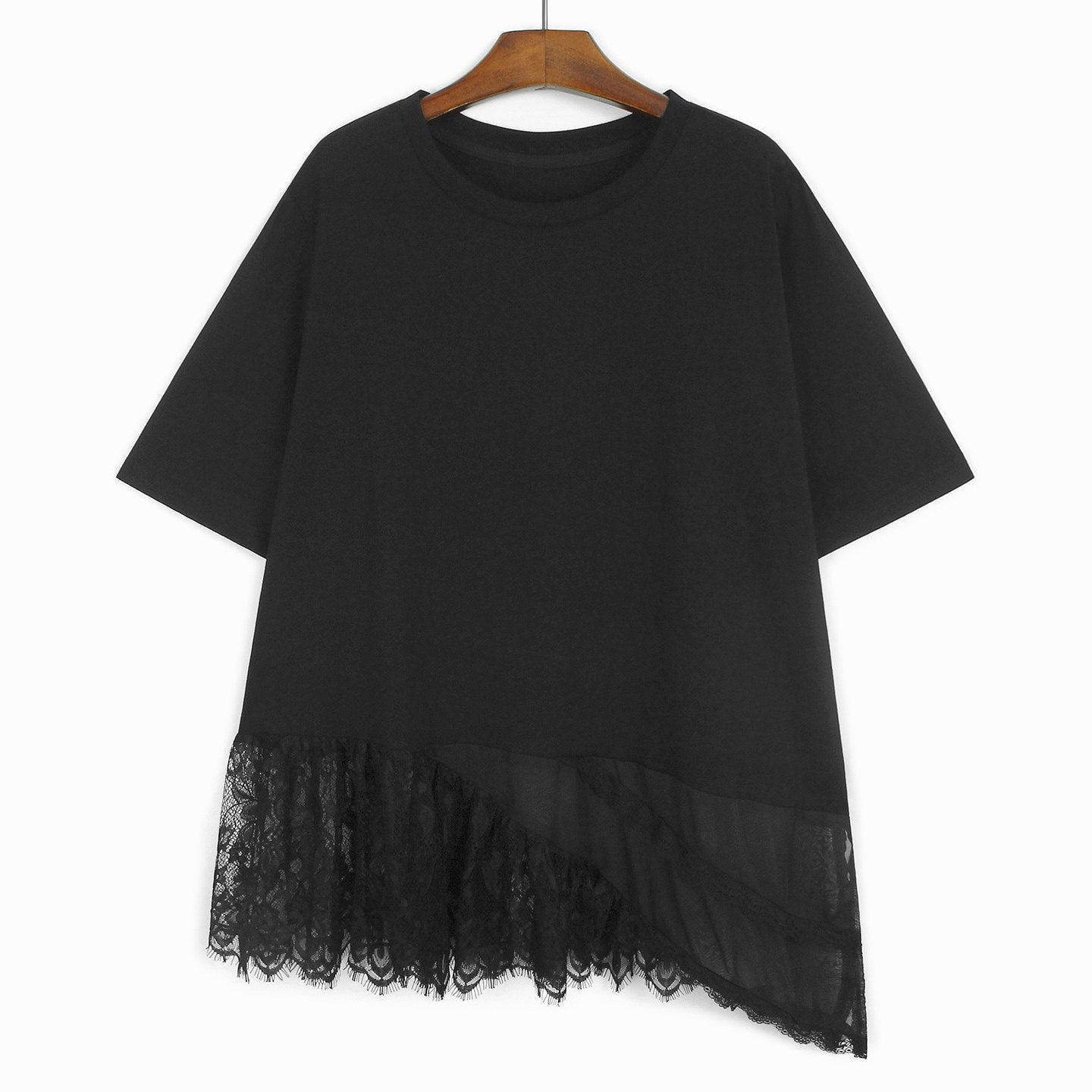 ASYMMETRIC LACE HEM SHORT SLEEVE T-SHIRT M-17798