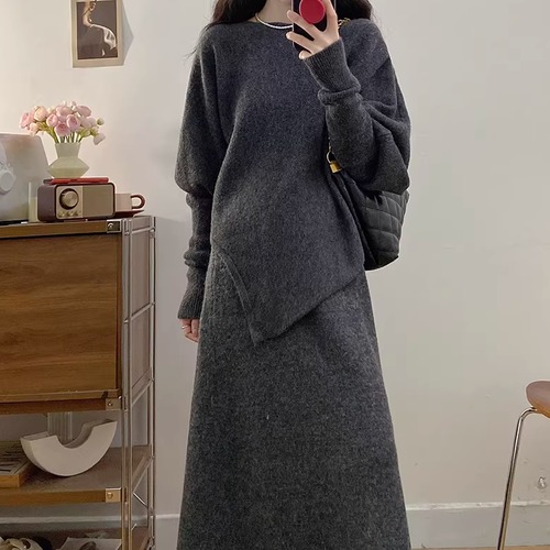 【2点セット】3色／アシメヘムルーズニットトップス＋Aラインマキシスカート ・73891