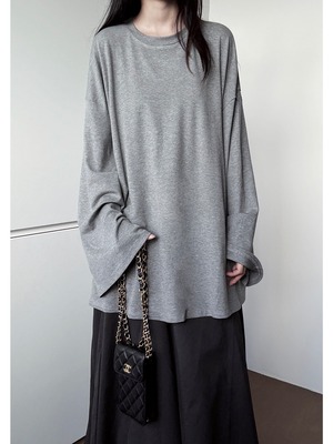 Oversized bell sleeve melange grey long T-shirt [T2953]