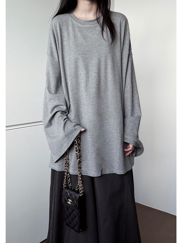 Oversized bell sleeve melange grey long T-shirt [T2953]