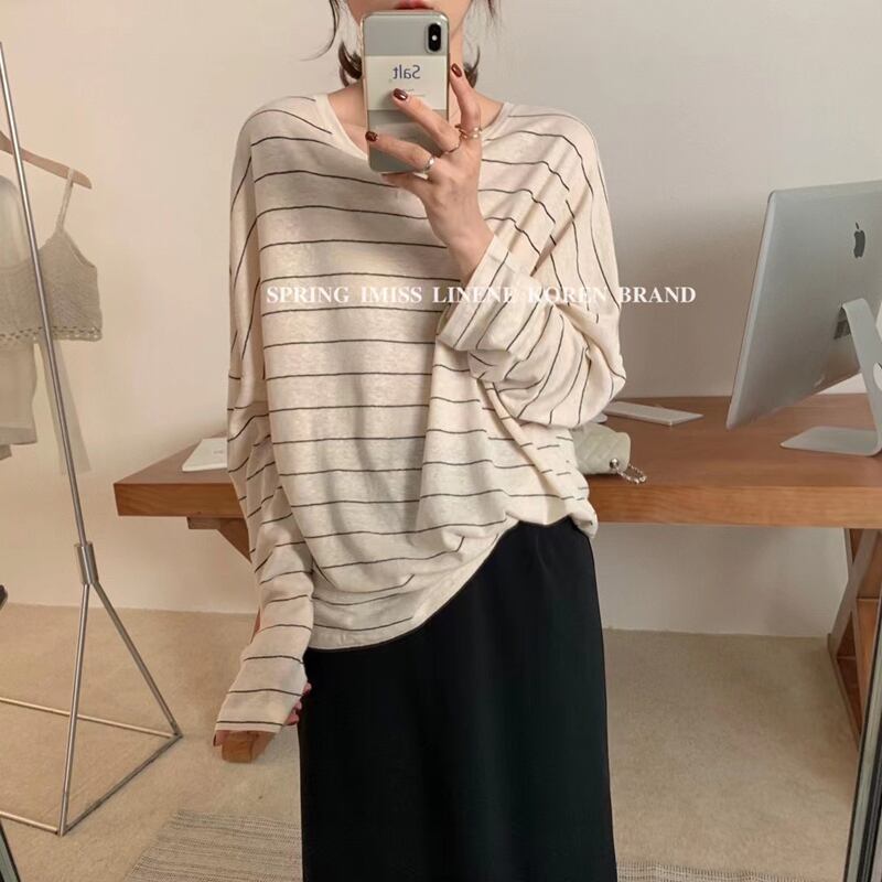 ラウンドネックストライプ長袖スリーブTシャツ トップス スプリングレディース ロング 春物 Oネック ビッグFスモールZ韓国97502702941