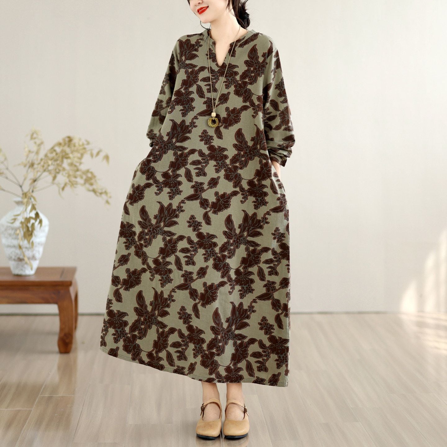 VINTAGE PRINT LONG SLEEVE RELAXED LINEN DRESS M-18154