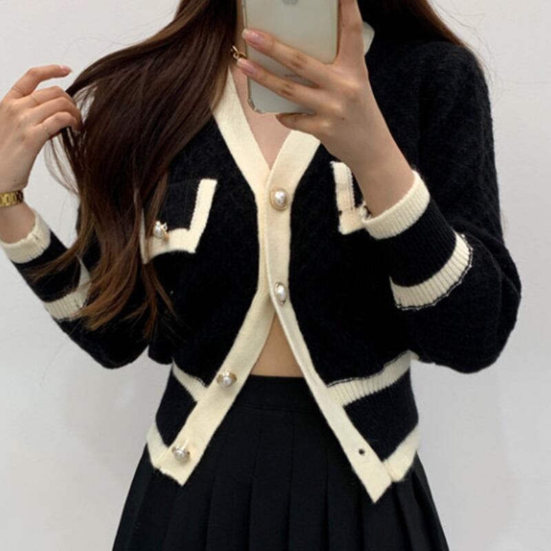 パール付きバイカラークラシックカーディガン 韓国レディースファッション通販 Papi パピ K Pop Btsグッズ 韓国食品 横浜センター北 オンライン