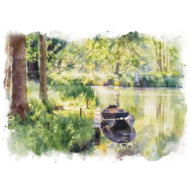 絵画 風景画(街並み) オランダ アムステルダム 川沿いの緑の木々 インテリアアート額付き 水彩画・油絵調 WAT0677