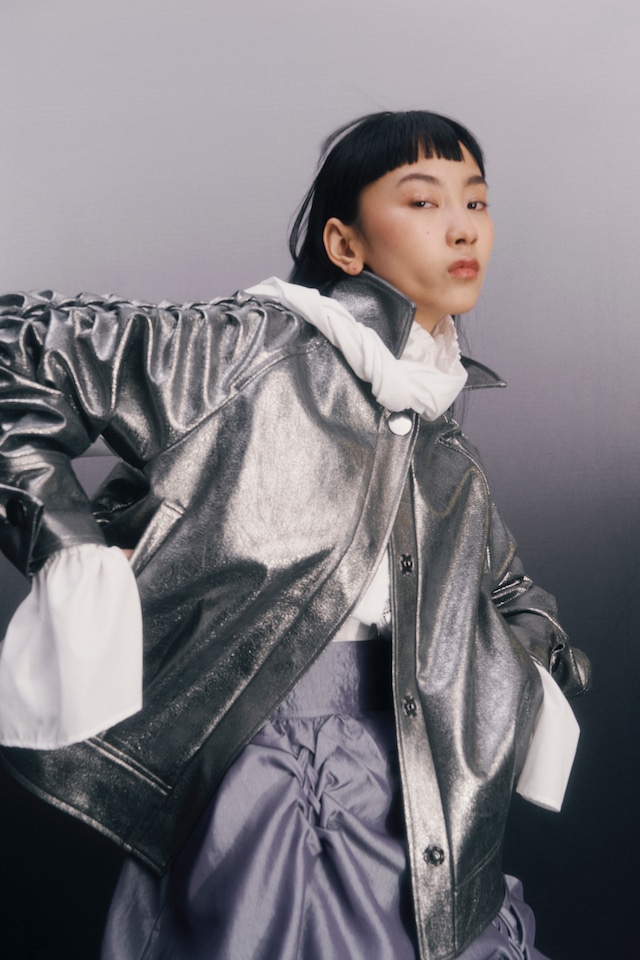 Lady【 Metallic 】 Smocking sleeve eco-leather jacket