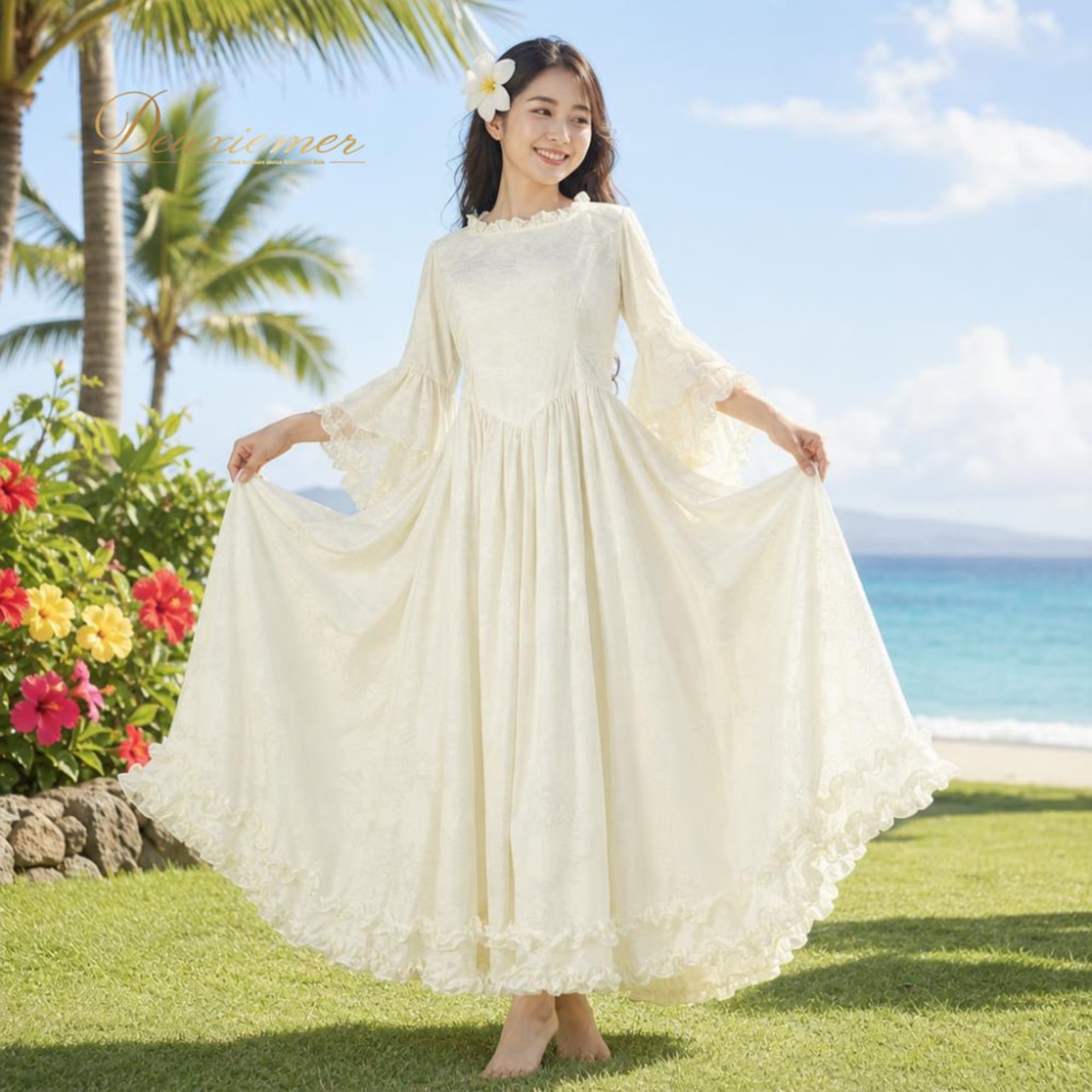 フラダンス 衣装 MermaidLine MMJ マーメイドライン エムエムジェイ ワンピース ドレス ホワイト系 白 真っ白 花柄 レース フリル ハワイアン アロハ フラ ダンス レッスン 練習 ハワイアンダンス 華やか かわいい おしゃれ 上品 大人っぽい ダンス衣装 練習着 レッスンウェア