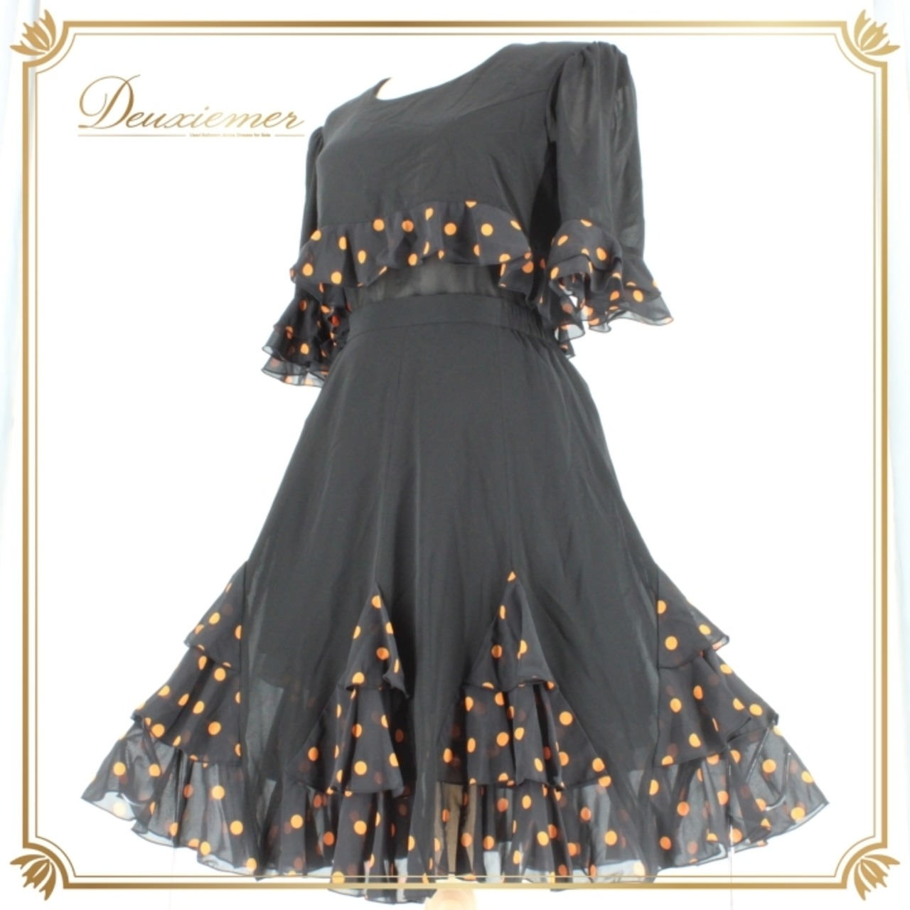 社交ダンス 衣装 スタンダード 上下セット ツーピース レッスンウェア パーティ衣装 Fashionα ファッション アルファ ブラック系 黒 オレンジ系 レトロ ドット柄 セットアップ トップス スカート フェミニン カジュアル おしゃれ 旅行用 ダンスウェア 機能性 ストレッチ モダン 社交 パーティーコスチューム デザイン 複数サイズ対応 柔らかい 使いやすい スタイリッシュ 目を引く キュート 軽やか