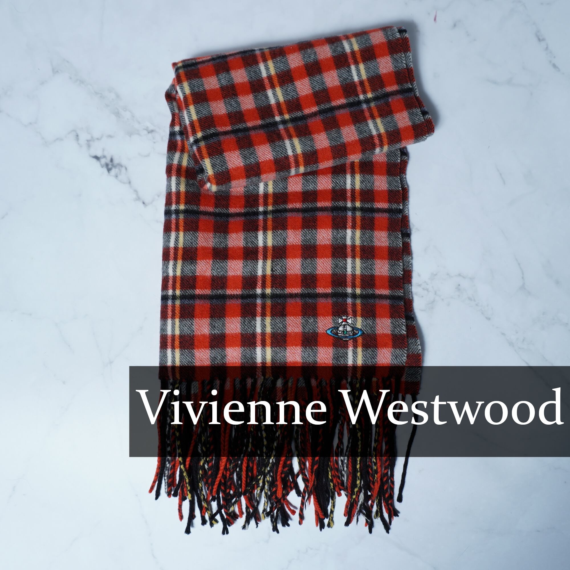 Vivienne Westwood 赤 マフラー フリンジ付き Vivienne Westwood 赤 オレンジ フリンジ マフラー Vivienne Westwood