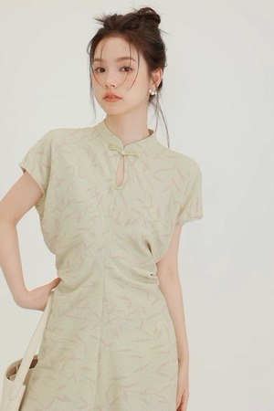 春の竹葉/Spring Bamboo グリーン ワンピース 夏物 袖付き 半袖 チャイナドレス ハイウエスト ラウンドネック ロングスカート
