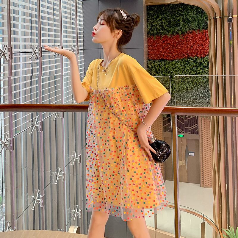 【新作】【送料無料】 新しいファッションネットヤーンウェーブドットのマタニティドレス2019夏バージョンルーズルーズミドル丈プラスサイズのマタニティドレス-アリババ 大きめサイズ サマー 夏物 expec245451618061