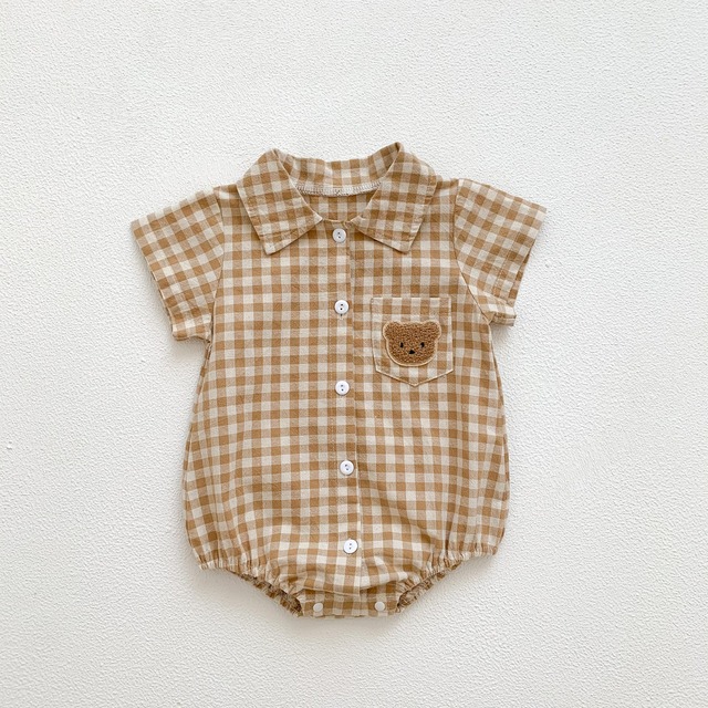 【BABY】くまパッチチェック半袖シャツロンパース - 8