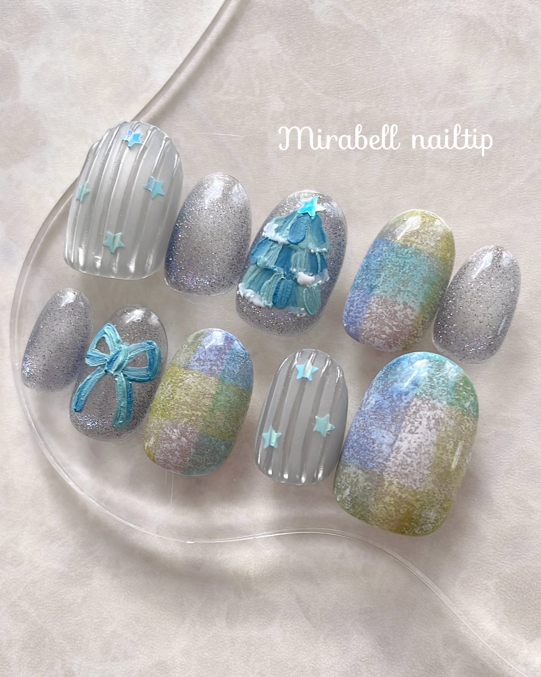 質感 ほっこり クリスマス ツリー リボン チェック マグネット 星 バカラ 10枚 15枚 ネイルチップ オーダー セット #ncs019