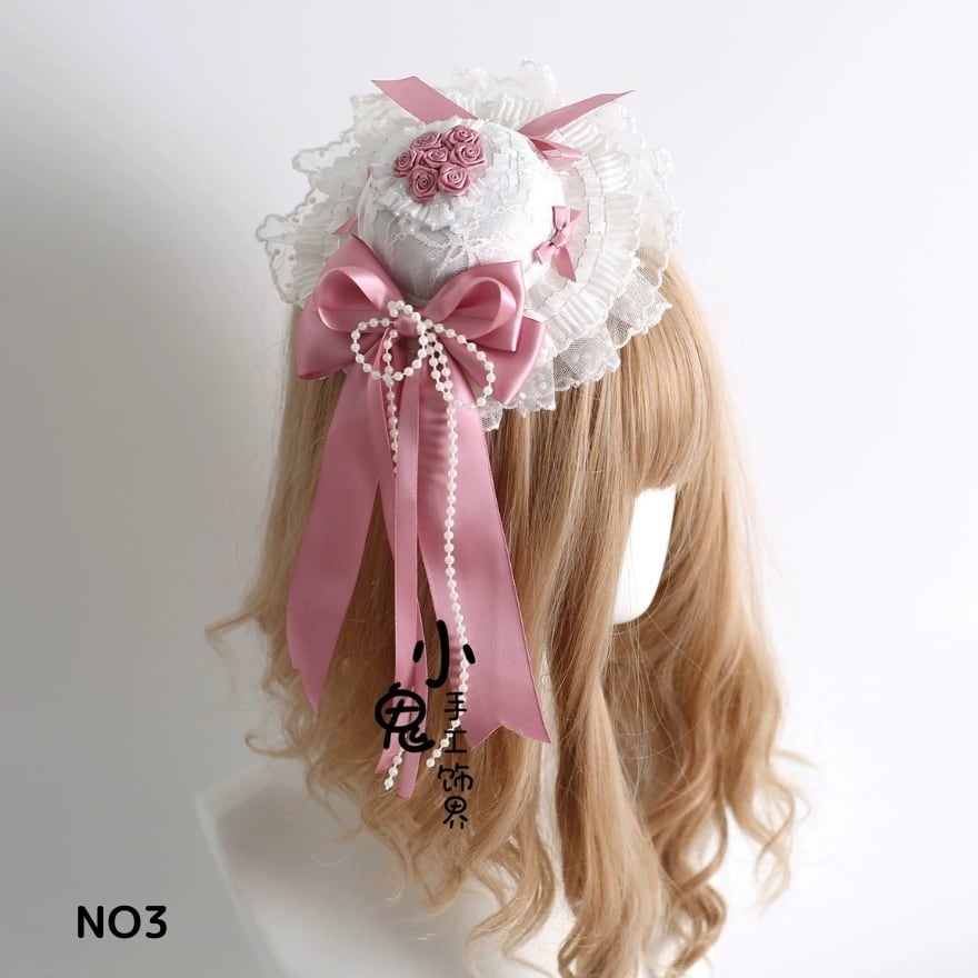 甘ロリ 白ピンクミニハット風ヘッドドレス お茶会 | ロリータ