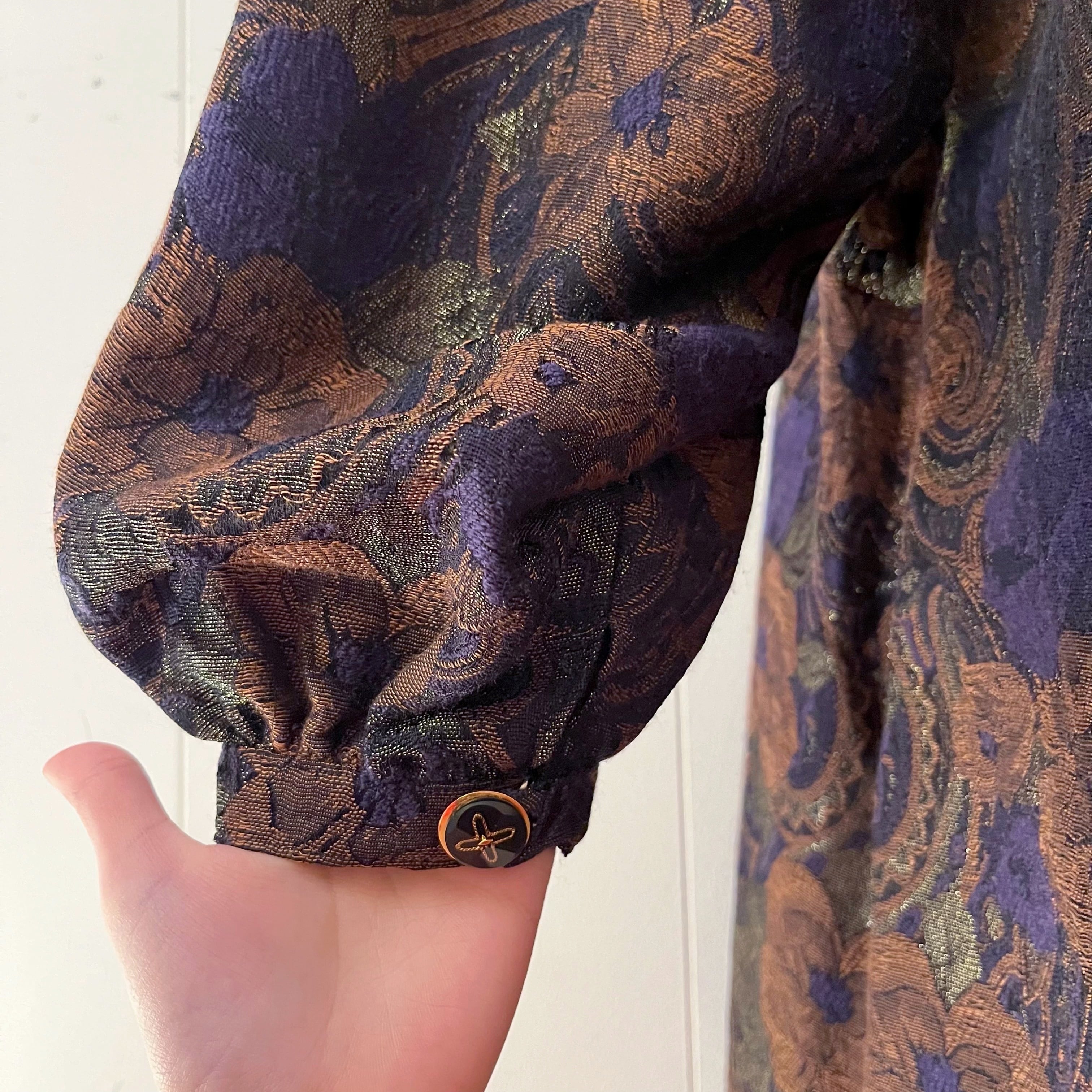 purple gold flower puff sleeve one-piece