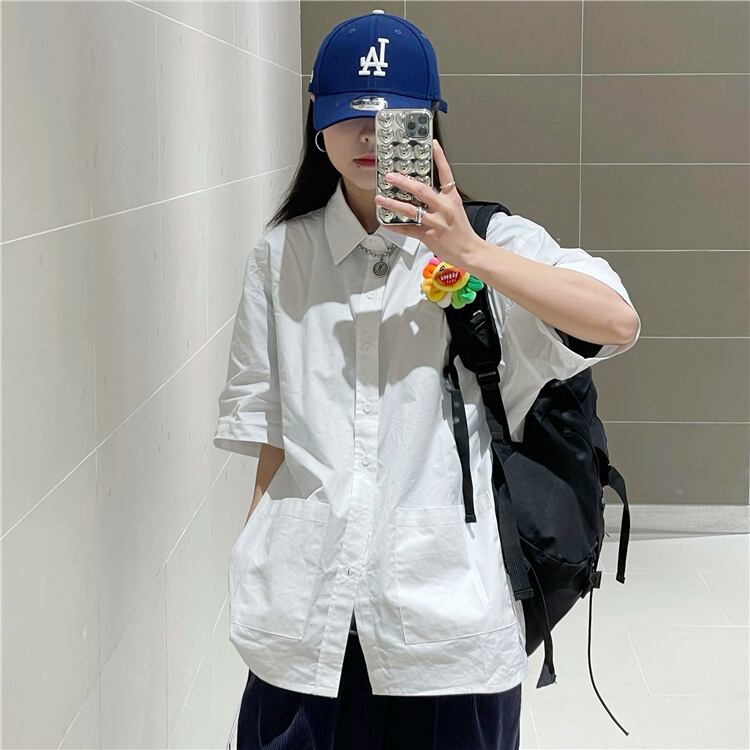 サマーホワイトシャツ スタンダードソリッド カラーポケットカジュアルレディース レトロ 夏物 Tシャツ ソリッドカラー ケッペル7999486172