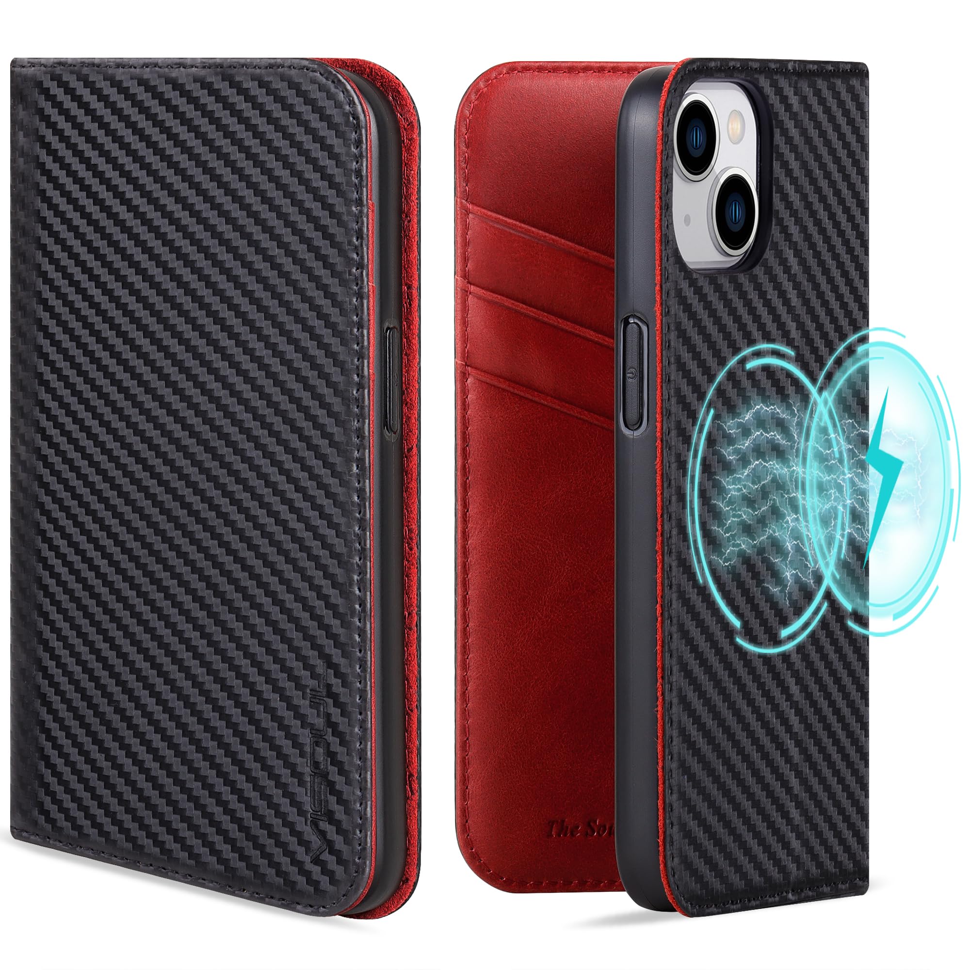 VISOUL iPhone15 ケース 手帳型 本革 MagSafe対応 スマホケース レザーケース 手帳ケース アイフォン15 ケース カード収納 携帯ケース 全面保護 柔軟なTPU素材 マグネット式 スタンド機能付き アイホン 15 カーボンレザー レッド