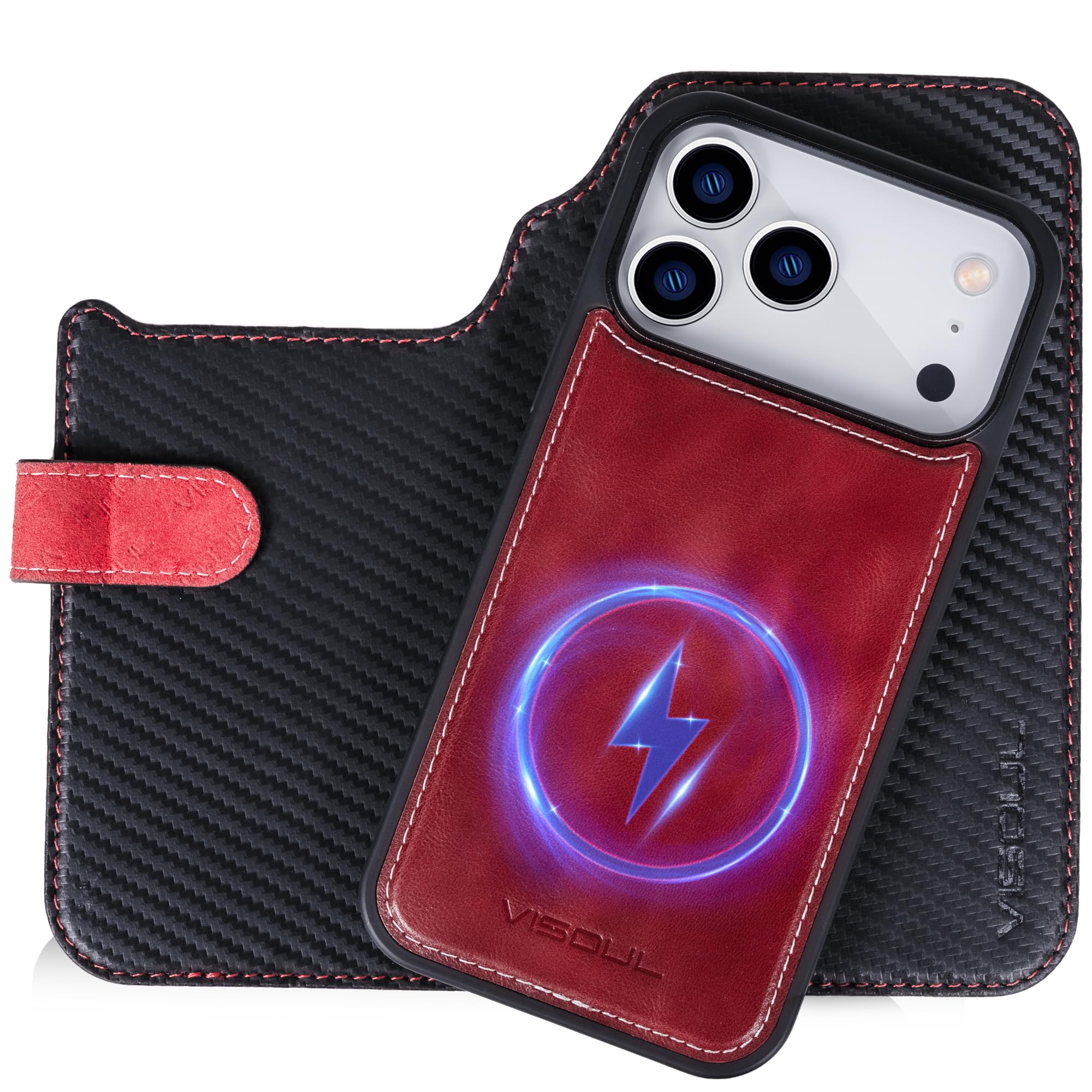 VISOUL iPhone 17 Pro Max 対応 ケース 手帳型 本革 アイフォン17 プロマックス 手帳型ケース MagSafe対応 スマホケース レザー カード収納 携帯カバー 横置きスタンド機能付き マグネット式 全面保護 柔軟なTPU素材 アイホン17 ProMax ブラック・レッド「2in1 分離式」