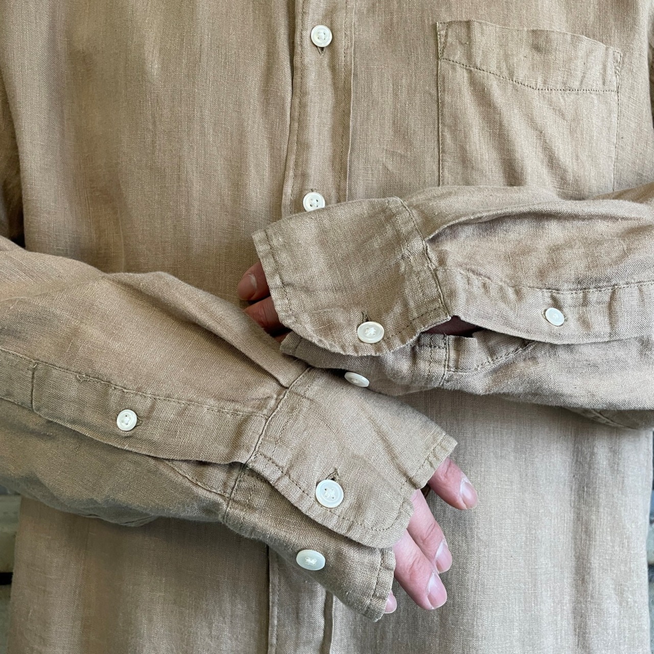 GAP ギャップ 長袖 リネンシャツ メンズL 古着 ブラウン 茶色 ベージュ 