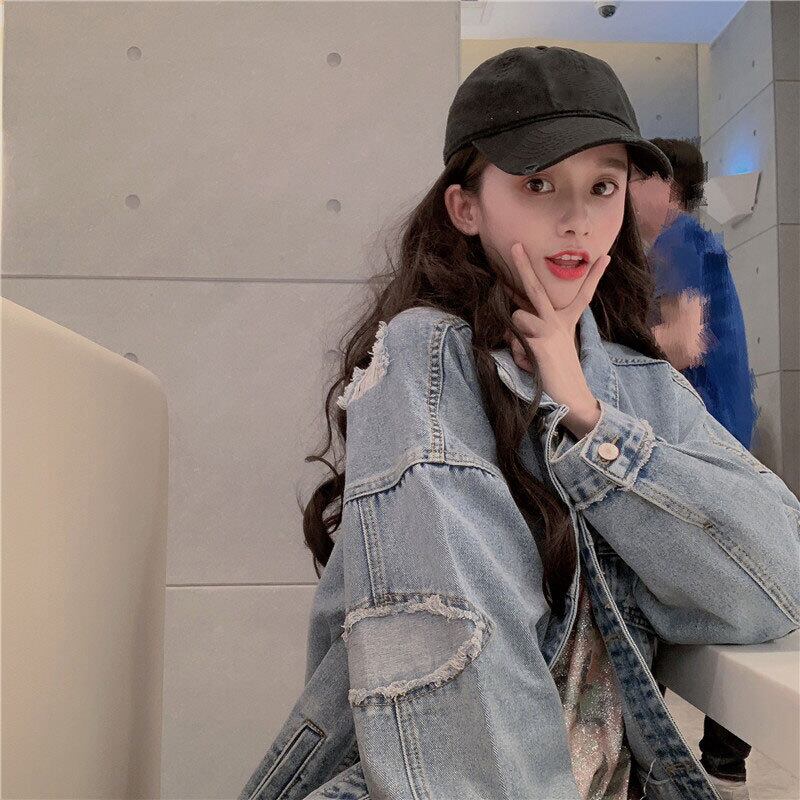 2020年秋冬原宿スタイルレトロポートスタイルブロークンホールデニムジャケットレディースルーズツーリングトップトレンド 萌量不足78500626616