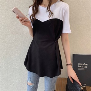 【送料無料】 Tシャツ バイカラーデザイン 半袖 カジュアル系 大人可愛い 無地 切り替えデザイン 夏 こなれ感 エレガント きれいめ 30代 40代 ラウンドネック フレア 体系カバー シンプルデザイン プチプライス レディースファッション 可愛い お出かけ 女子会 デイリーユース お茶会 お呼ばれ