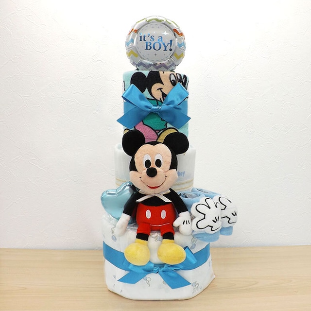 おむつケーキ ディズニー ミッキーマウス 肌着セット ぬいぐるみ タオル 3段 出産祝い 男の子  mik-h3