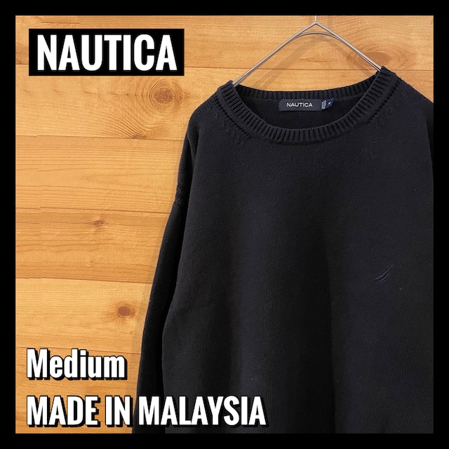 【NAUTICA】ニット セーター 黒ボディ 刺繍ロゴ クルーネック US古着