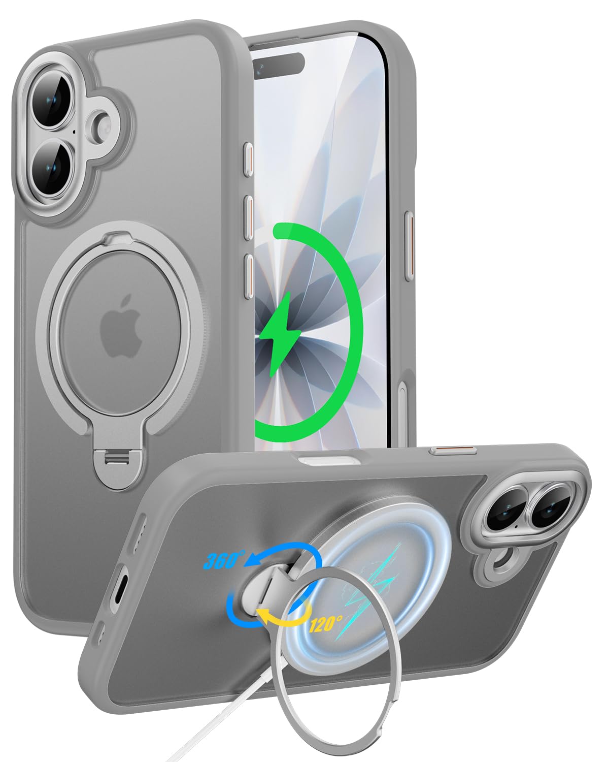 VioraShell iPhone 17 ケース Magsafe対応 360°回転リング付き 隠れスタンド 背面フラット 縦横両対応 半透明カバー