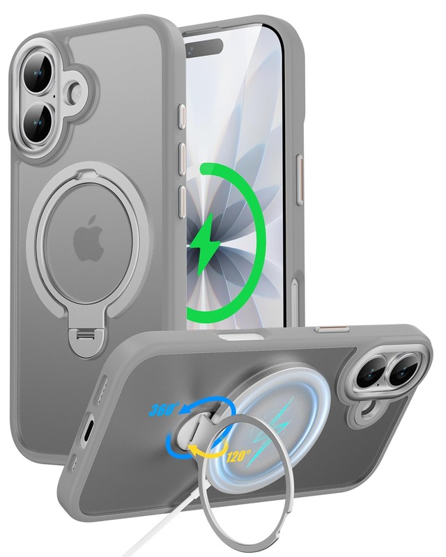 VioraShell iPhone 17 ケース Magsafe対応 360°回転リング付き 隠れスタンド 背面フラット 縦横両対応 半透明カバー