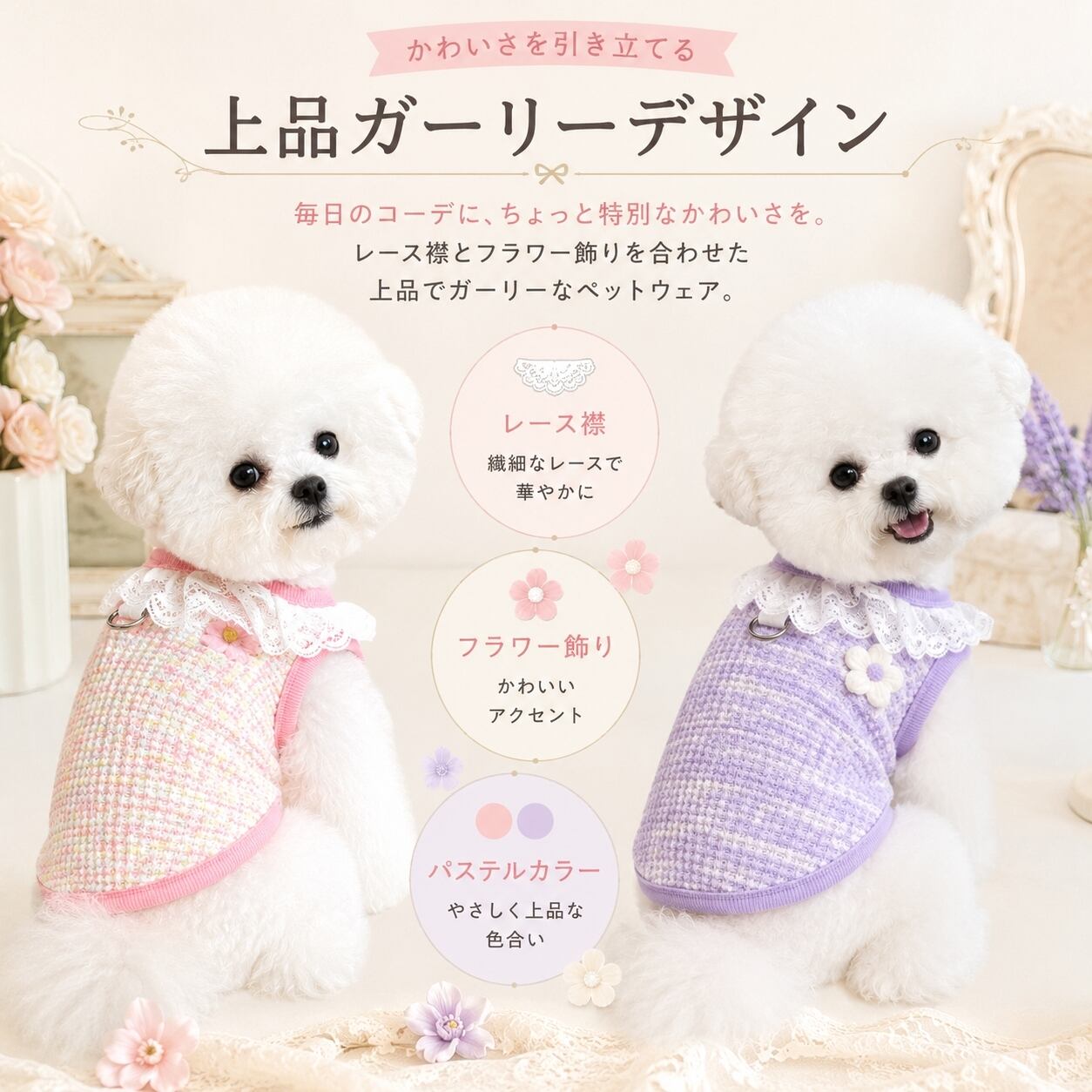 犬服 春夏 小型犬 猫服 レース襟 ワッフルニット フラワー付き