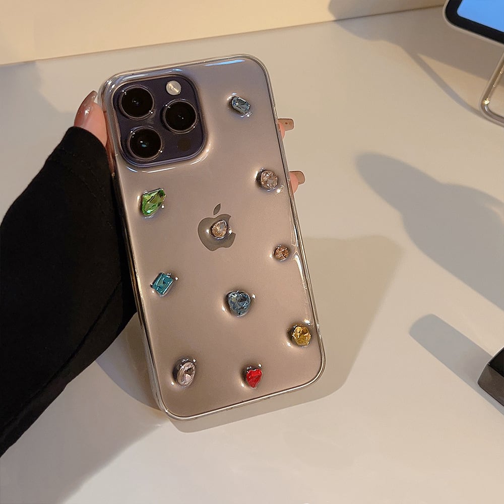 【新型iPhone15対応】クリスタルデコ◎可愛い ビジュー 立体 クリアケース 宝石 デコレーション 透明 スマホケース ND-15194