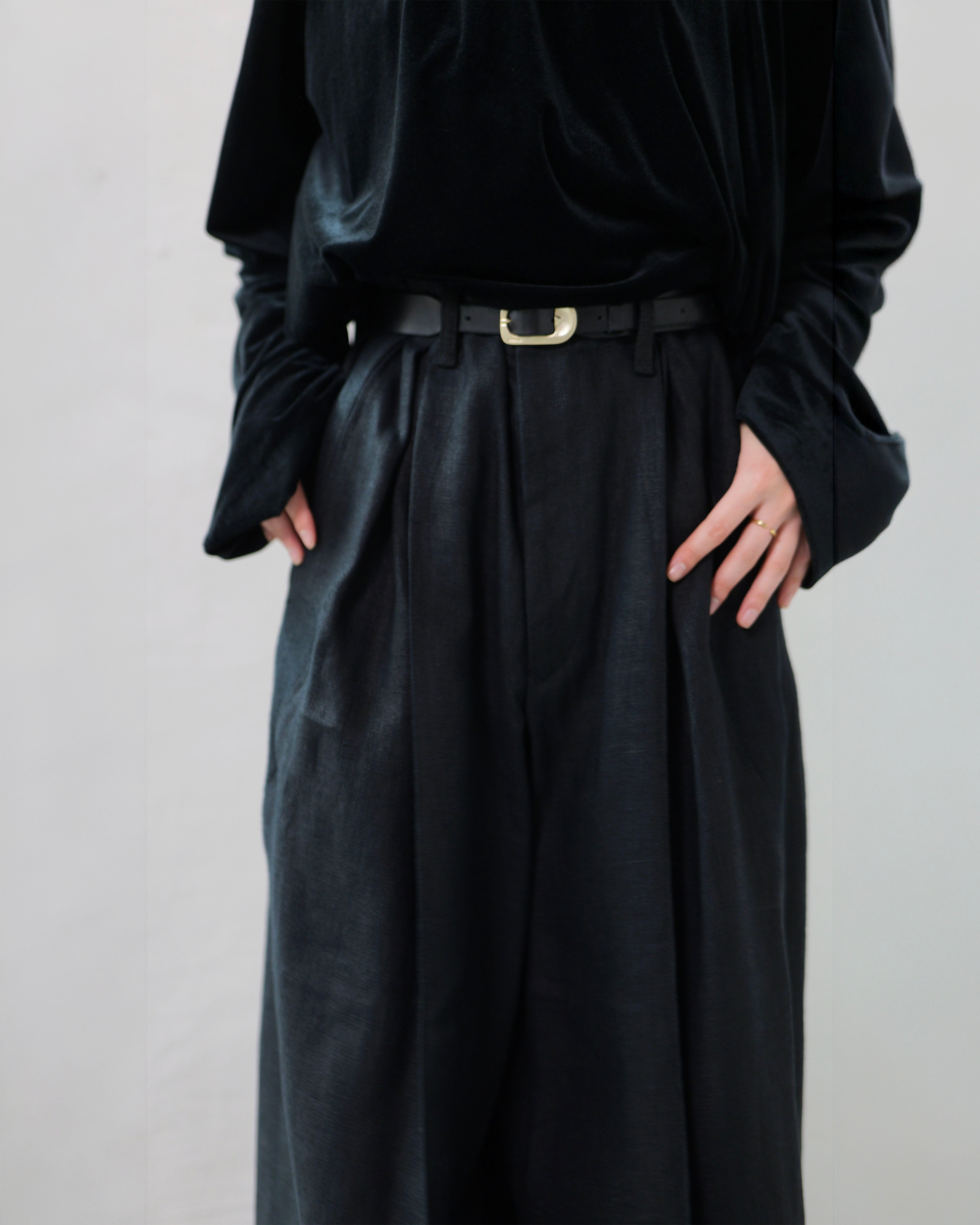 i'm here - Linen Wide Pants ：Black｜3種リネン切替／ワイド／“だ