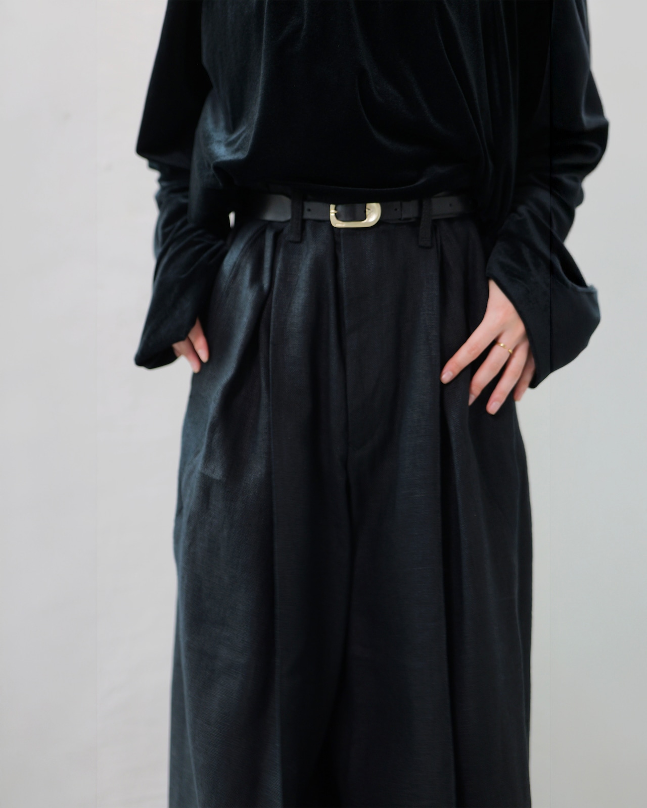 i’m here - Linen Wide Pants :Black|3種リネン切替/ワイド/“だまし絵”前立て