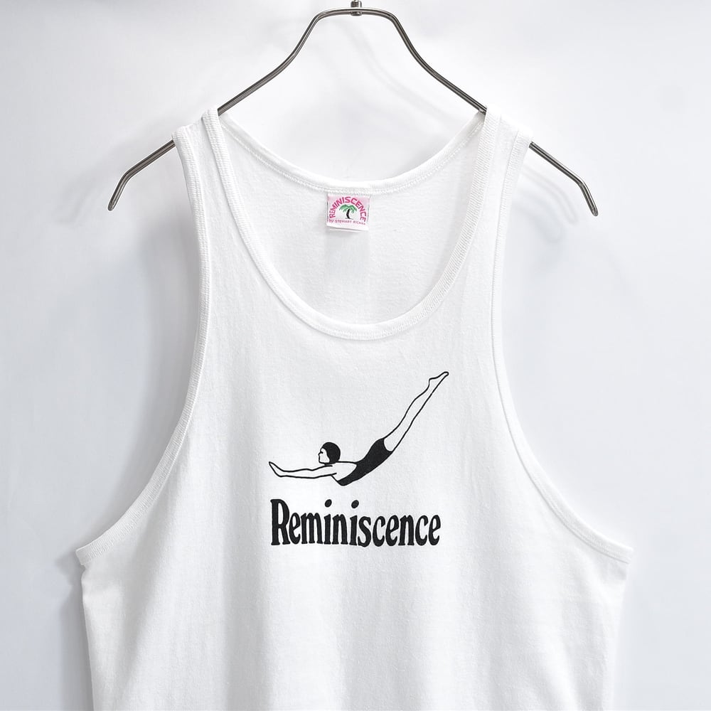 80s 90s USA製 Reminiscence レミニッセンス タンクトップ スイマー プリント ホワイト USED ヴィンテージ ビンテージ 古着 メンズ L
