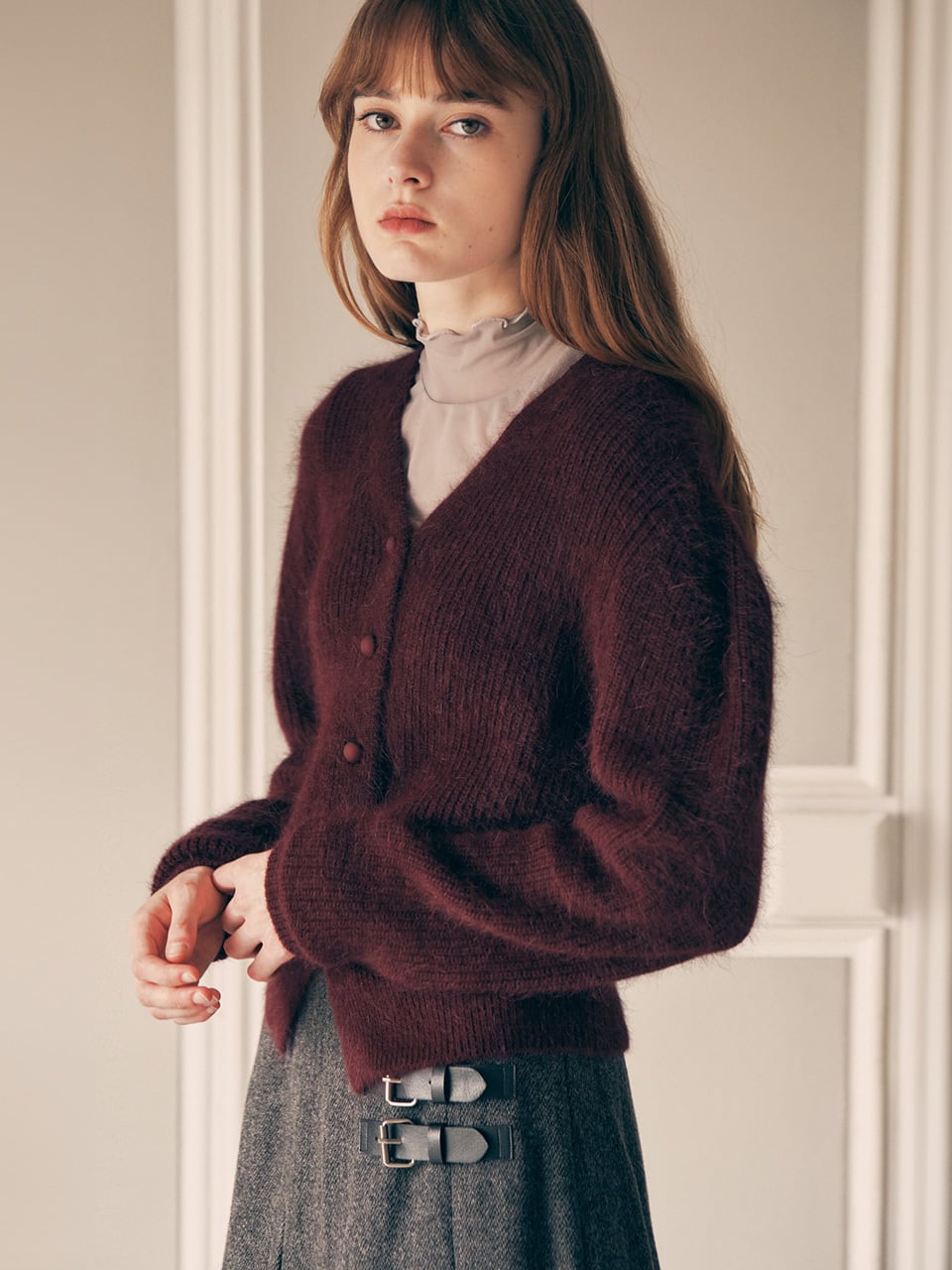 ROLAROLA] ANGORA HAIRY BALLOON CARDIGAN BURGUNDY 正規品 韓国