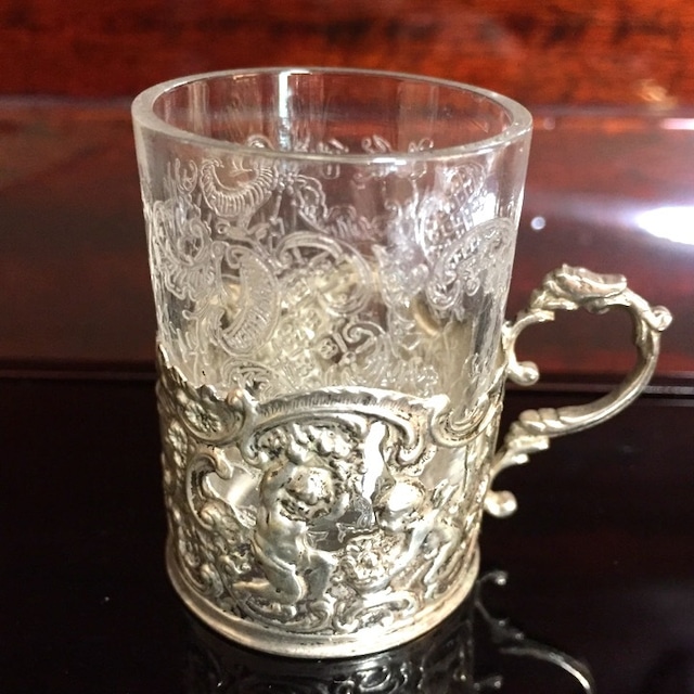 ドイツ 100年前の純銀のカップホルダー付き エッチングミニグラス