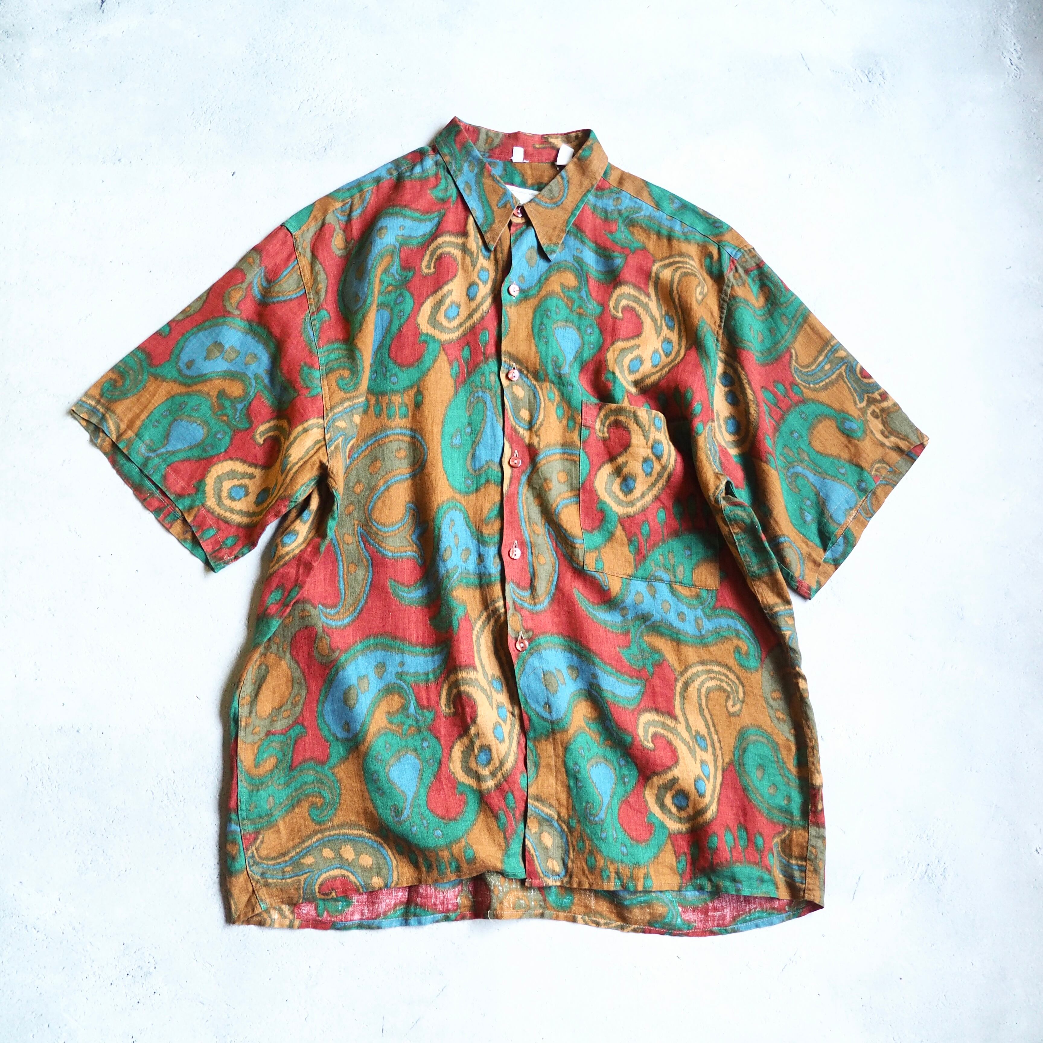 1990s " Made in Italy " Beautiful paisley pattern vintage loose SS linen shirt