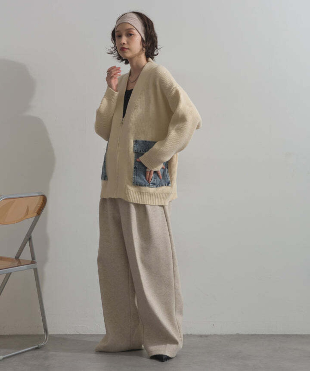 HD2510023 デニムポケットジップニットカーディガン ivory