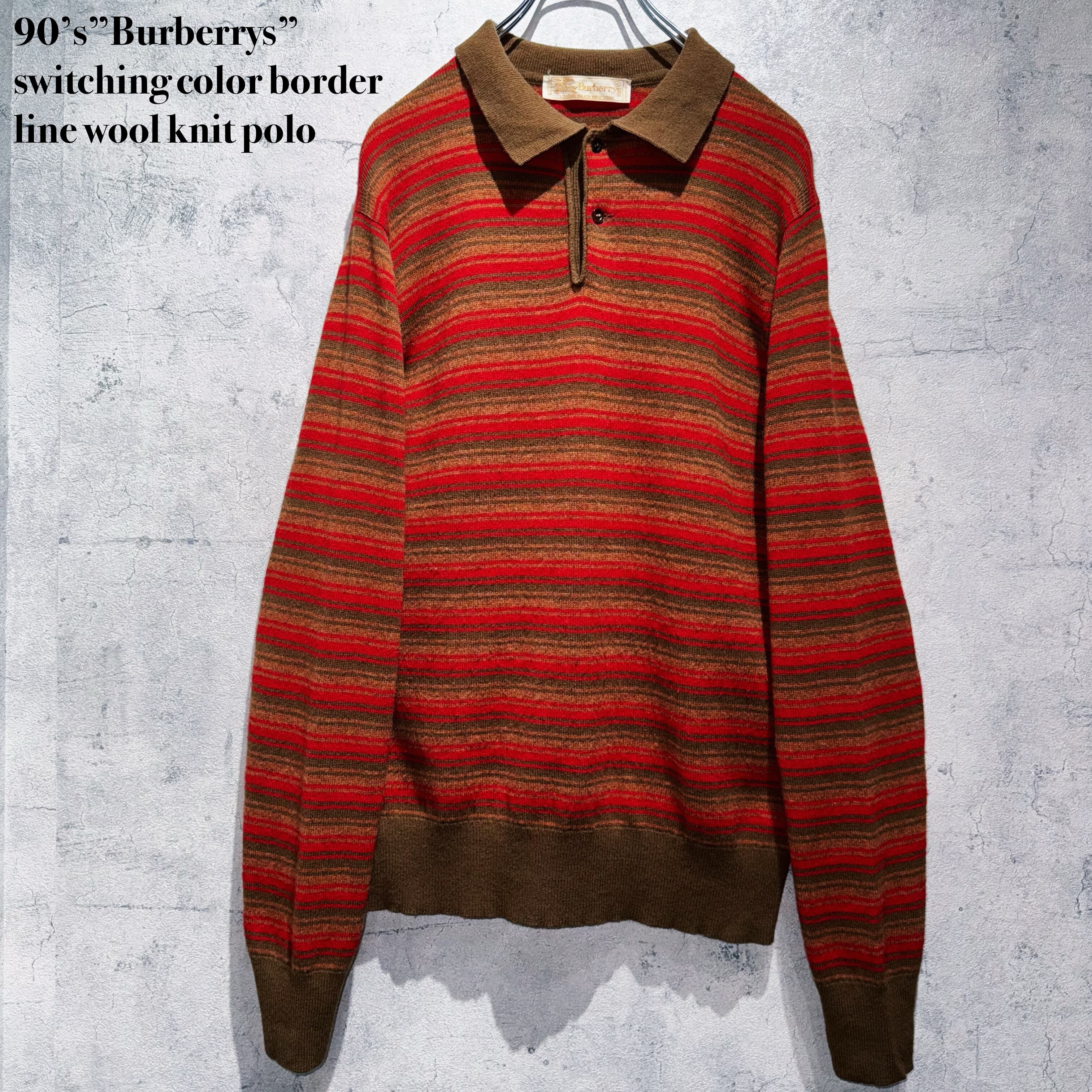 90’s”Burberrys”switching color border line wool knit polo