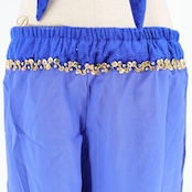 ベリーダンス 衣装 上下セット ブルー系 トップス ズボン フェイスベール ヘッドスカーフ アーム アーム飾り ハーレムパンツ パンツ 青 金 アラジン コスプレ 華やか 練習 レッスン スパンコール ラインストーン コイン キラキラ 鮮やか ゴールド系