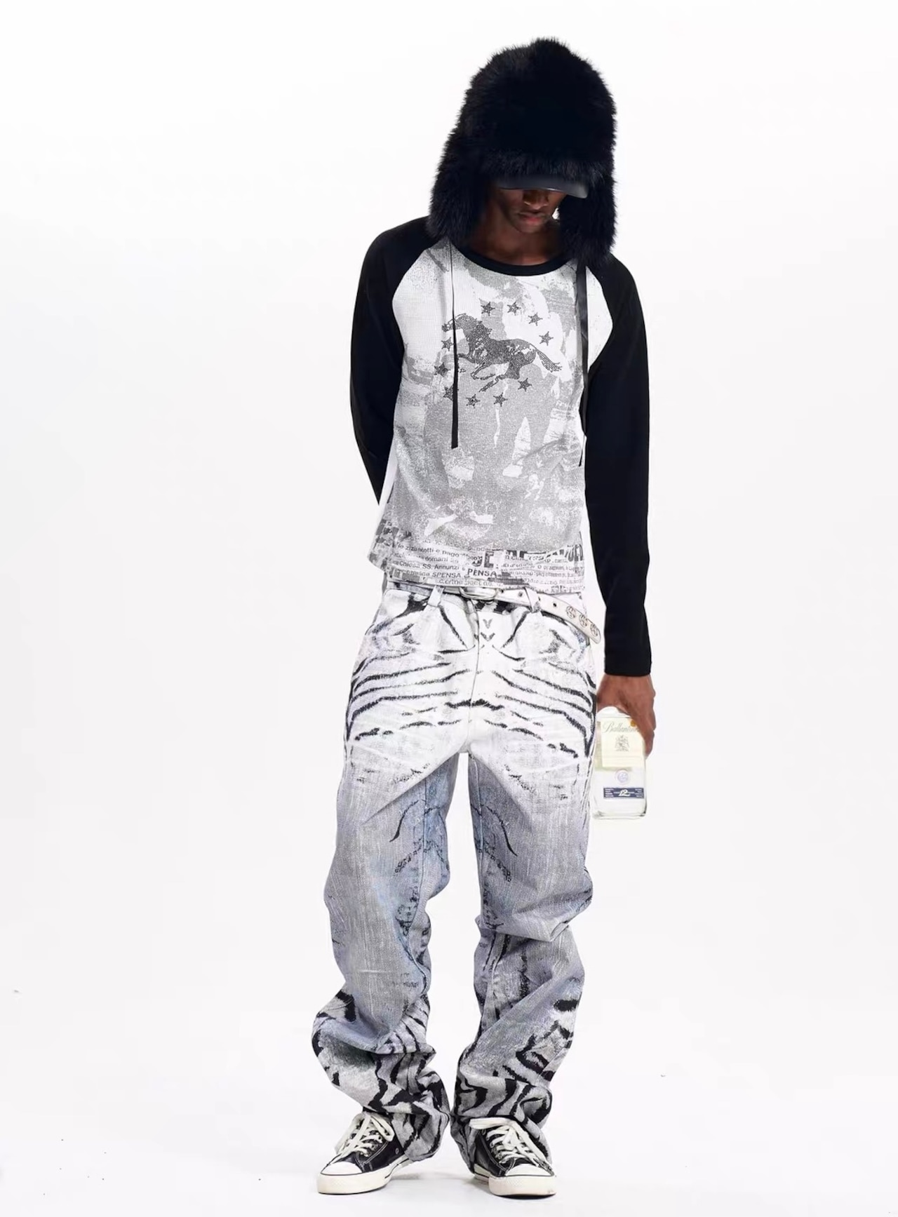 【Fourth3ex】Zebra Print Distressed Denim Pants
