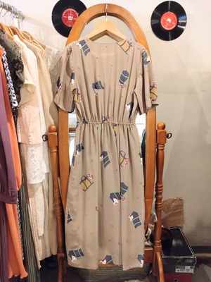 60❜s鞄とスカーフ柄レトロワンピース/アンティークバッグ日本製国産古着服MADEINJAPAN