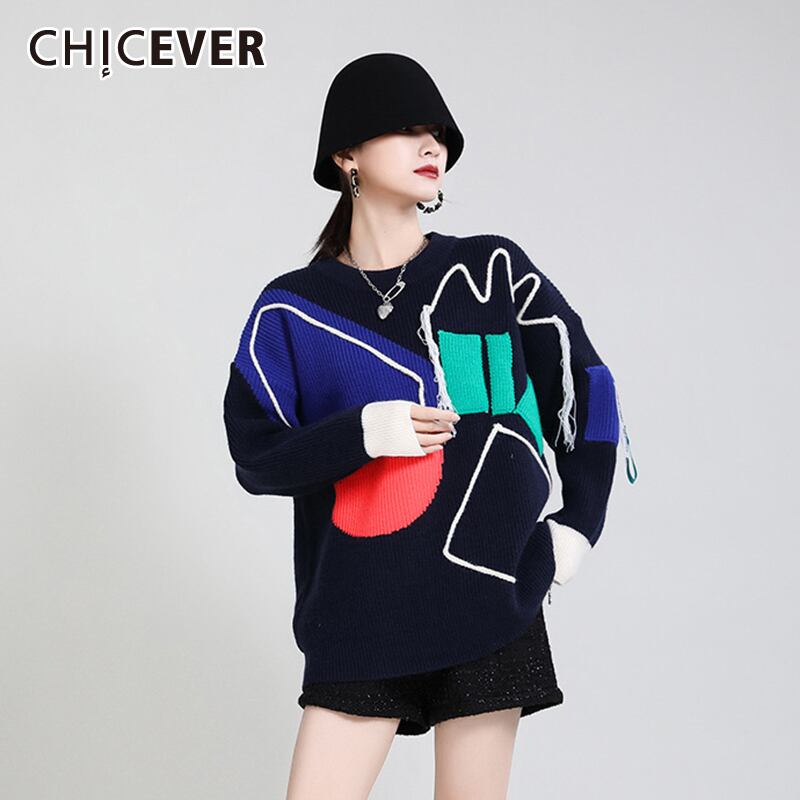 CHICEVERセーター女性Oネック長袖パッチワークヒットカラーパターン特大ニットプルオーバー2020服 ロング 6base573265137031