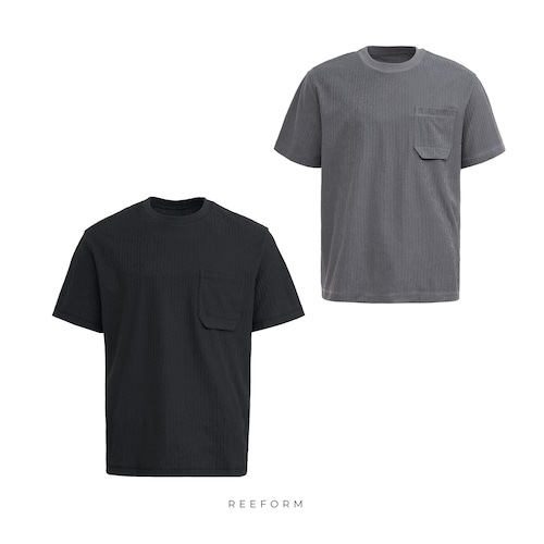 ラウンドネックゆったりシンプルTシャツ模様ポケット/ブラックRF-26SP-031