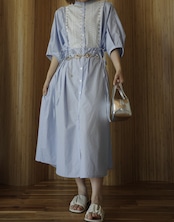 ストライプxレース切替 バンドカラー シャツワンピース