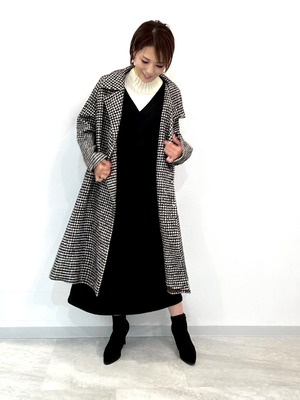 スタンドカラーチェックロングコート