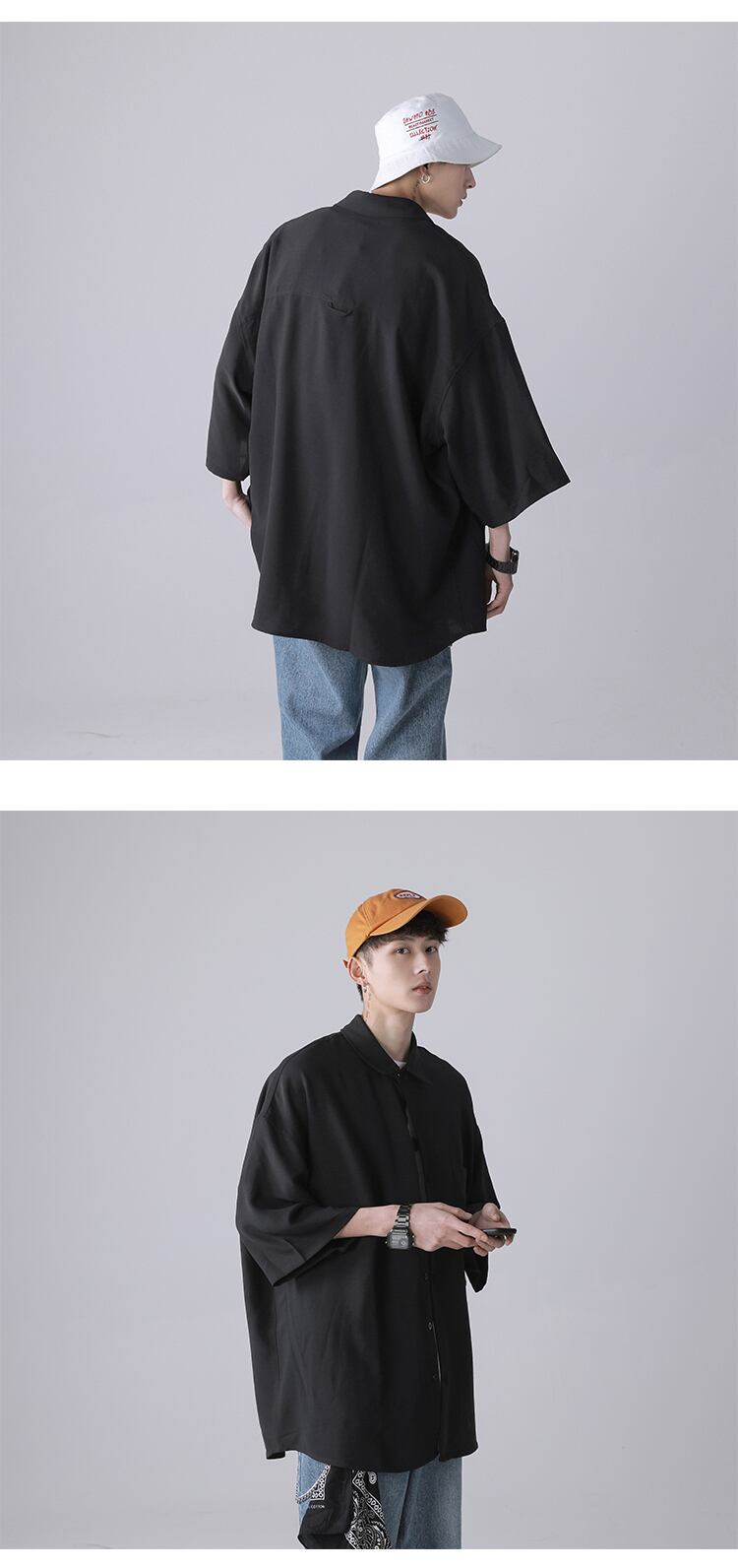 全1色 シャツ トップス 無地 カジュアル 羽織 半袖 ブラック